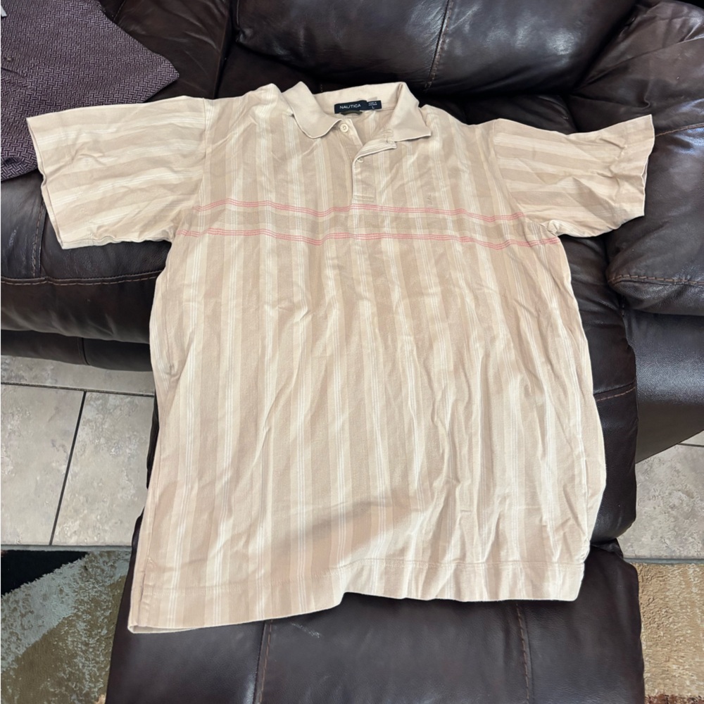 Nautica Beige Polo with Pink Stripe Detail